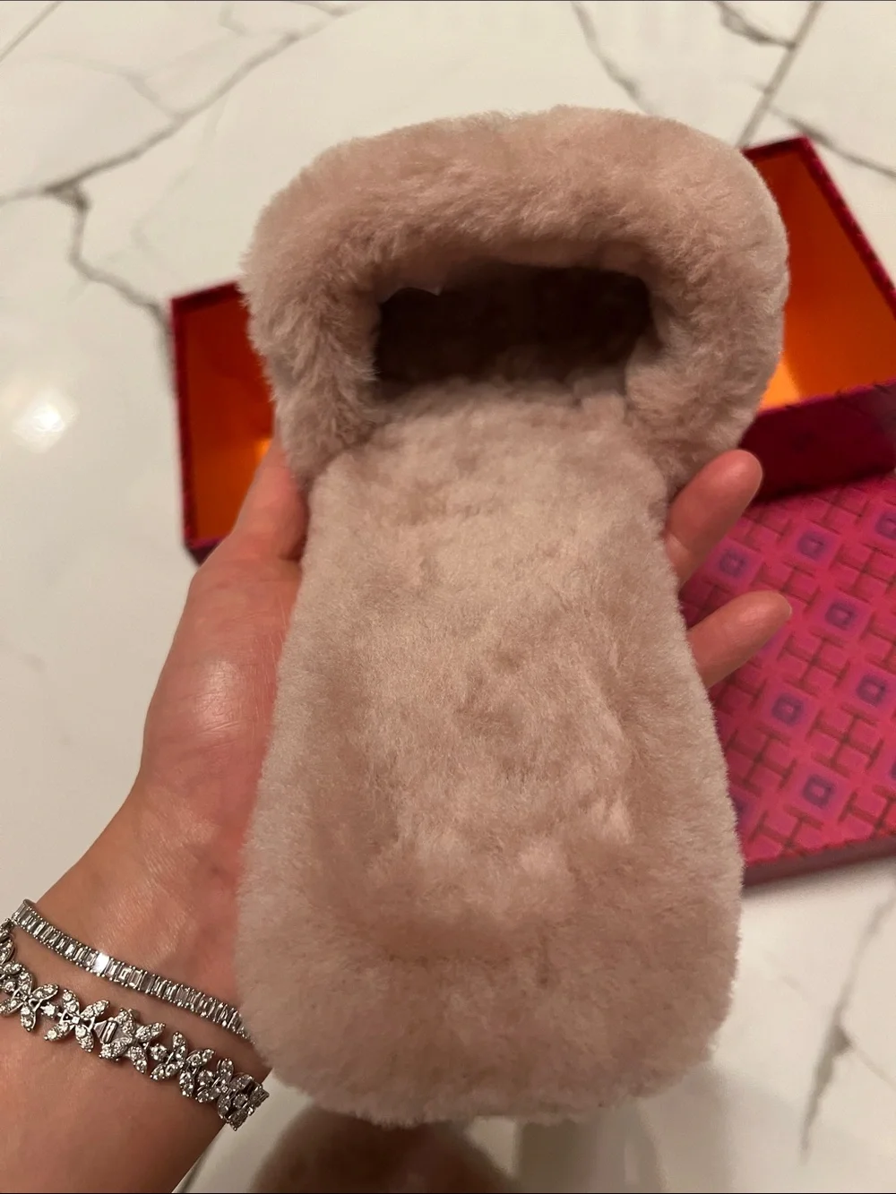 Tory Burch Blush Pink Faux Fur Slide Sandals with Crystal Logo